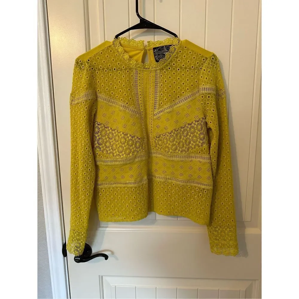 James Coviello Anthropologie Crochet Lace Yellow Long Sleeve Top Size S